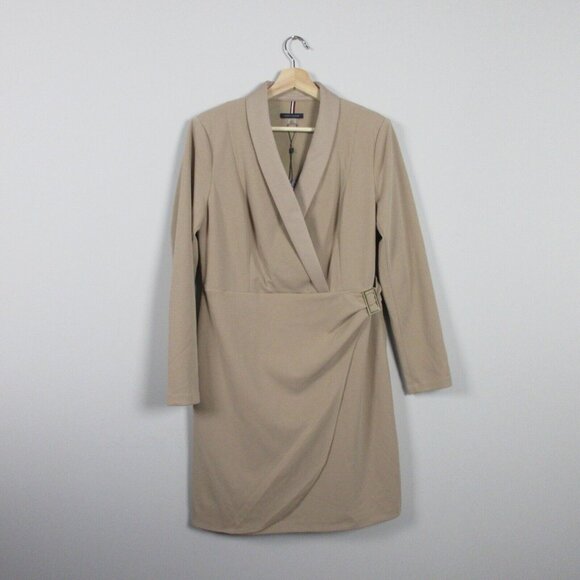 Tommy Hilfiger Knee-Length Wrap Dress Long Sleeve Belted Work Office 12 Tan 670 - Picture 1 of 11